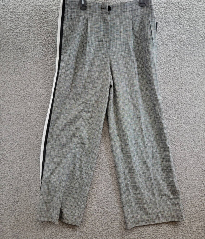 KARL LAGERFELD PARIS Plaid Side-Stripe Wide-Leg Pants Women's 10 Gray Multi