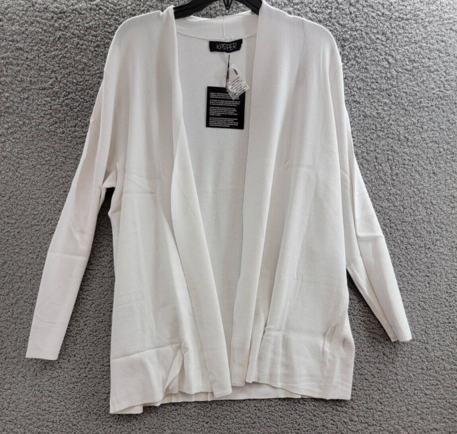Kasper Open-Front Long-Sleeve Sweater Women's XL White Solid Collarless Pull On