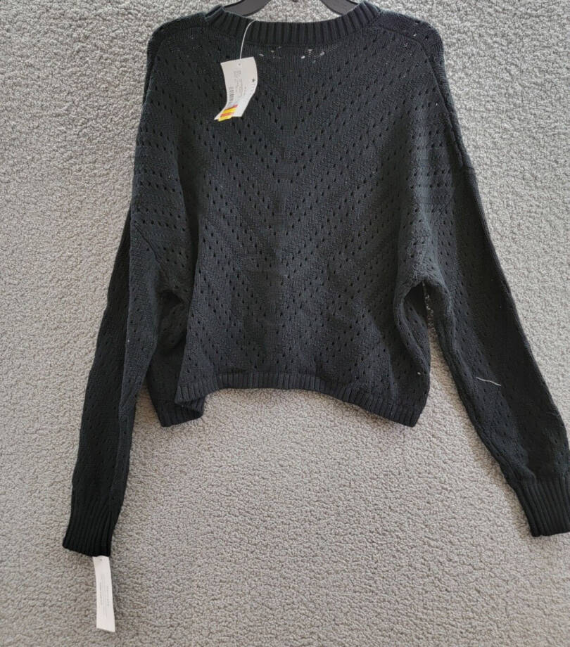 French Connection Long Sleeve Eyelet Sweater Women's L Black Crew Neck Pullover