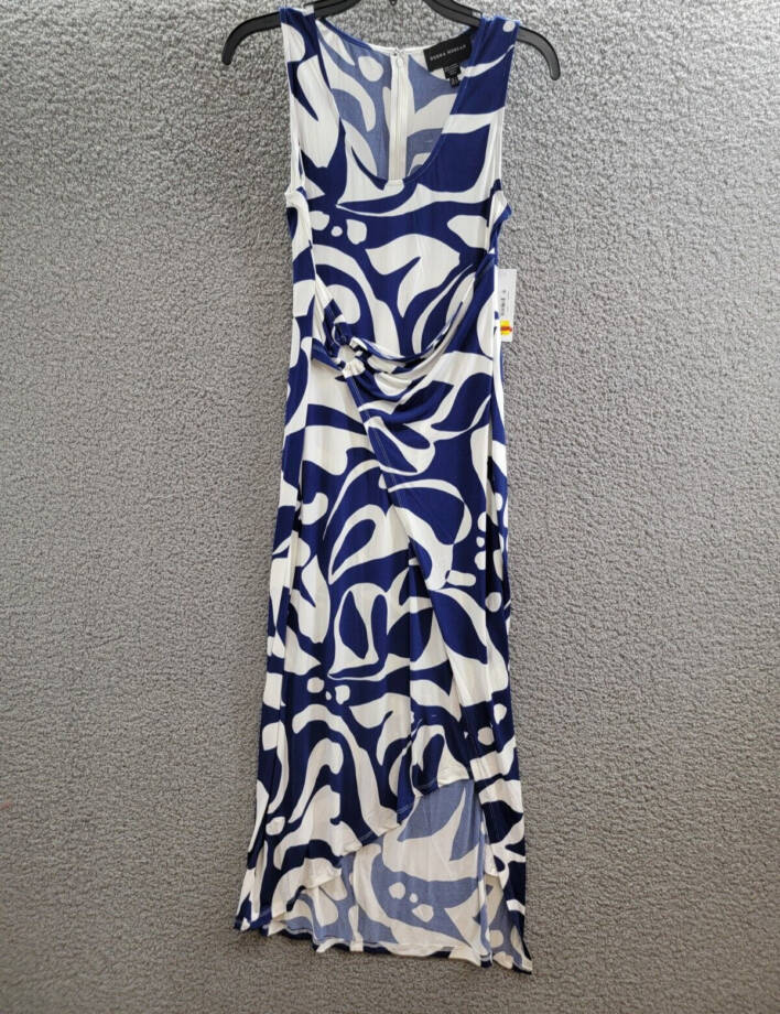 Donna Morgan Printed Wrap-Waist Asymmetric Dress Women's 2 Navy/Soft White