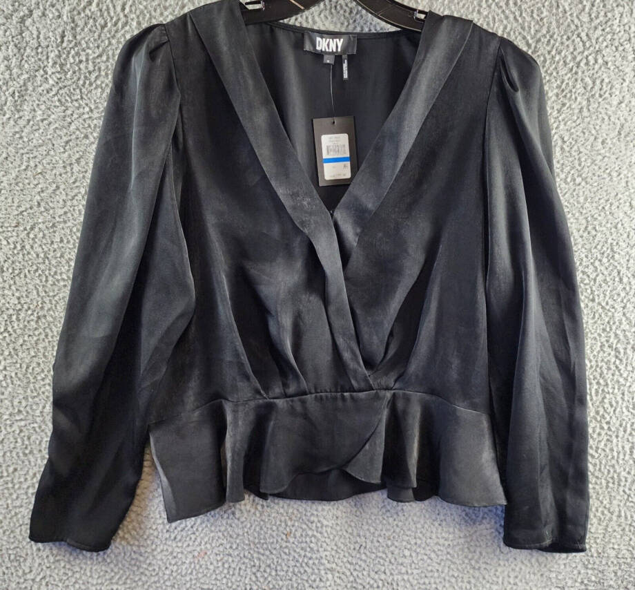 DKNY Surplice V-Neck Shirred Shoulder Peplum Top Women's XL Black Long Sleeve