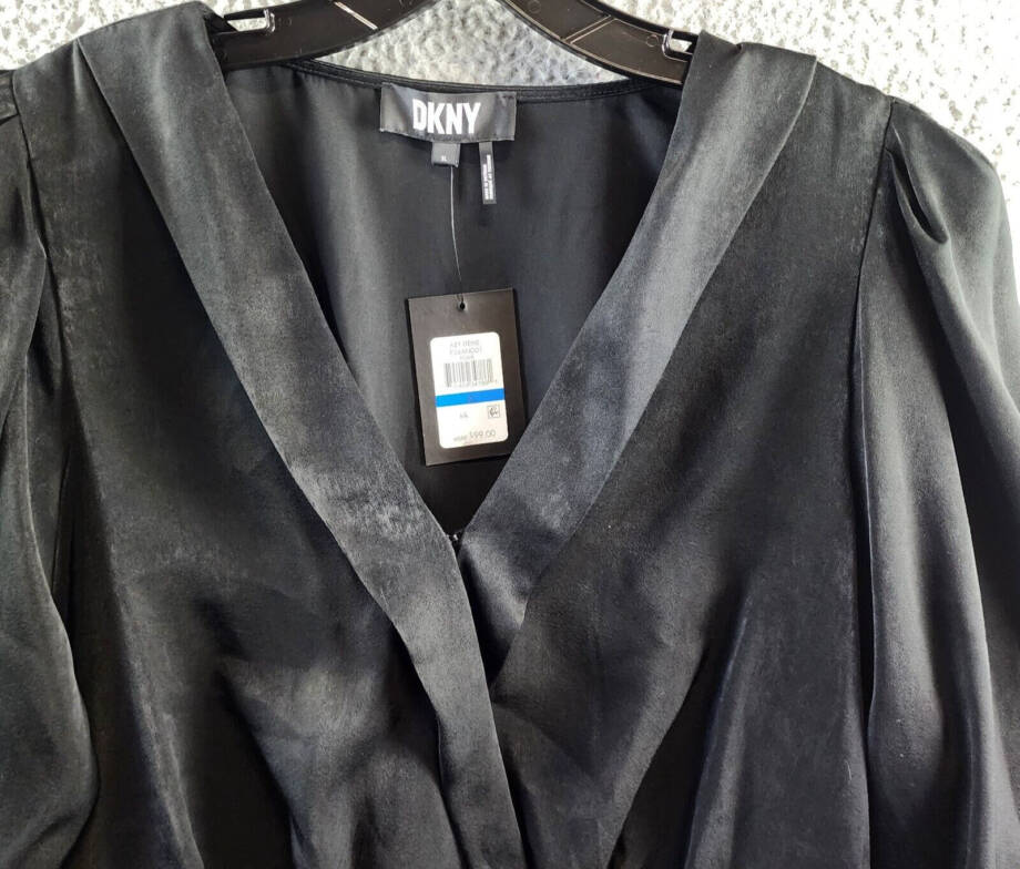 DKNY Surplice V-Neck Shirred Shoulder Peplum Top Women's XL Black Long Sleeve