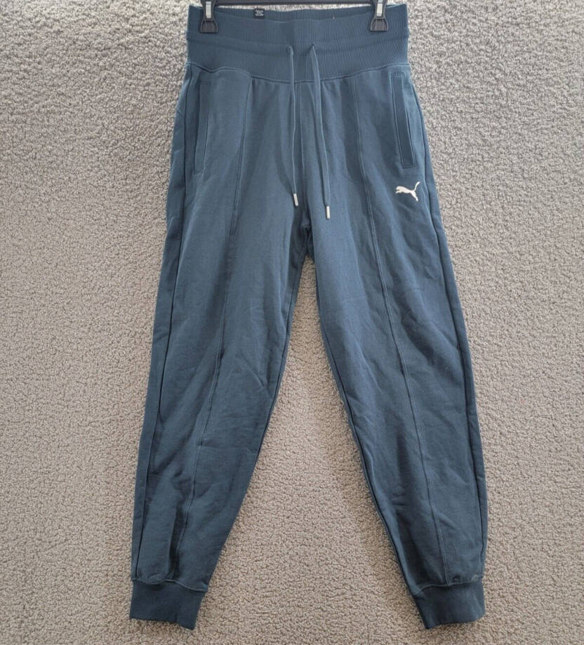 PUMA Her High-Waist Jogger Pants Women's S Blue Logo Drawstring Elastic Waist