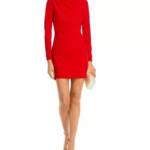 AQUA Draped Long Sleeve Mini Sheath Dress Women's L Red Solid Back Zip Closure