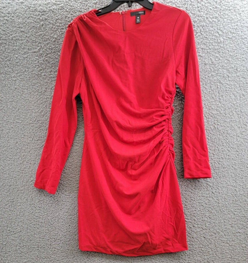 AQUA Draped Long Sleeve Mini Sheath Dress Women's L Red Solid Back Zip Closure
