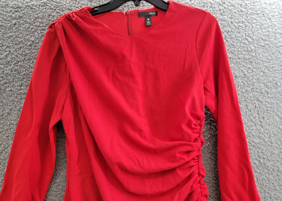 AQUA Draped Long Sleeve Mini Sheath Dress Women's L Red Solid Back Zip Closure