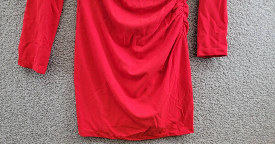 AQUA Draped Long Sleeve Mini Sheath Dress Women's L Red Solid Back Zip Closure