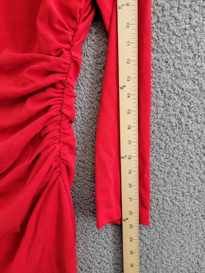 AQUA Draped Long Sleeve Mini Sheath Dress Women's L Red Solid Back Zip Closure