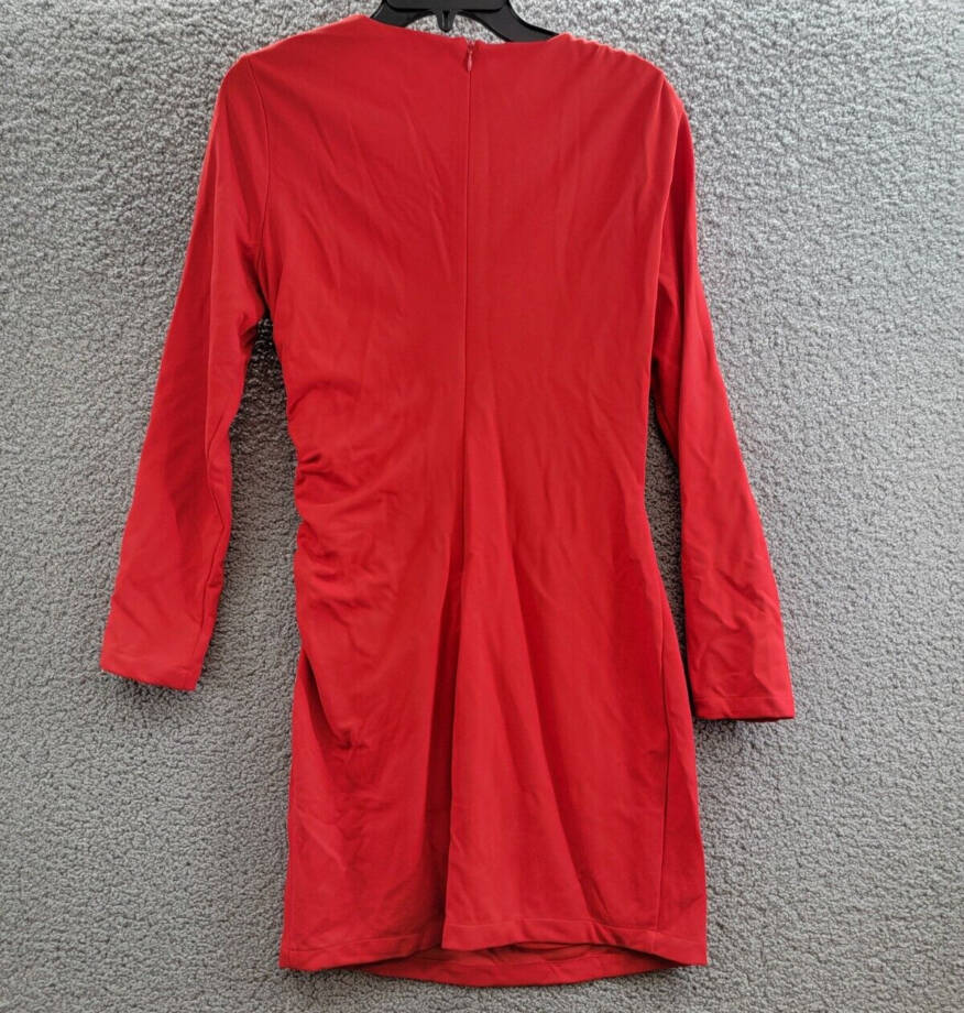 AQUA Draped Long Sleeve Mini Sheath Dress Women's L Red Solid Back Zip Closure