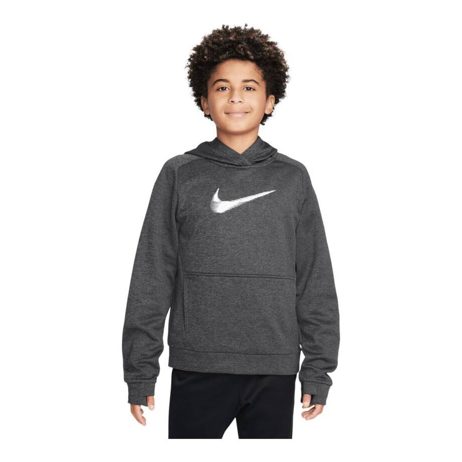 Nike Therma-FIT HBR Pullover Hoodie Boys' S Gray Heather Kangaroo Pocket L/S