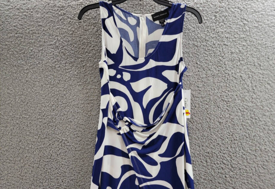 Donna Morgan Printed Wrap-Waist Asymmetric Dress Women's 2 Navy/Soft White