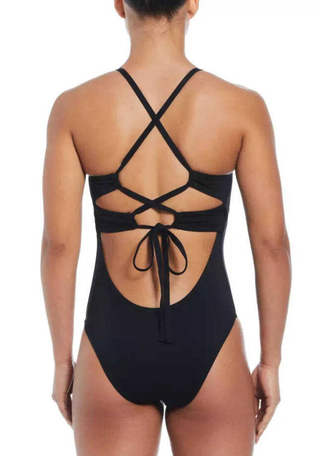 Nike Lace Up Back One-Piece Swimsuit Women's XS Black Scoop Neck Adjustable
