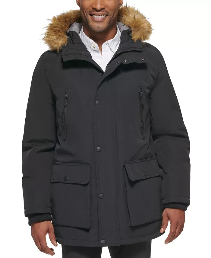 Club Room Parka with a Faux Fur-Hood Jacket Men's M Black Long Sleeve Zip/Snap