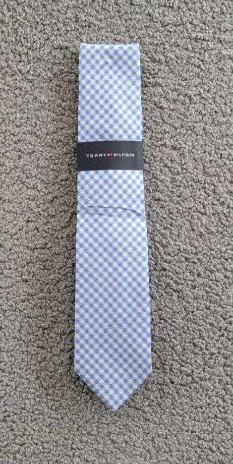 Tommy Hilfiger Silk Blend Spring Gingham Tie Men's Light Blue Adjustable~