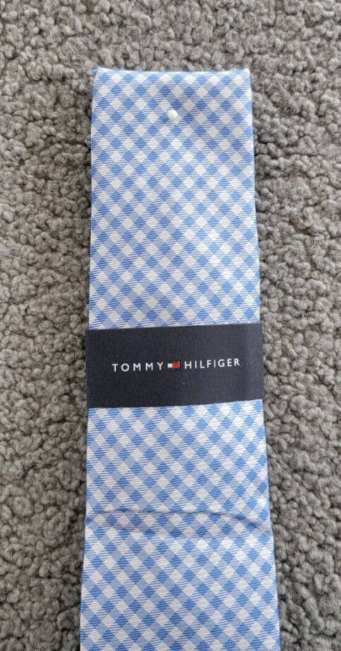 Tommy Hilfiger Silk Blend Spring Gingham Tie Men's Light Blue Adjustable~