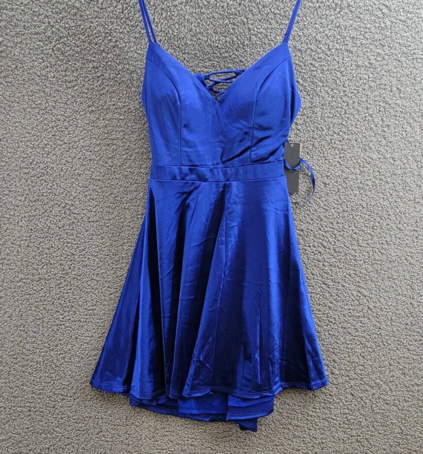City Studio Satin Fit & Flare Dress Juniors' 5 Cobalt Blue V-Neck Zip Lace Back