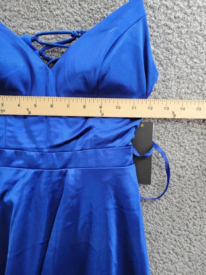 City Studio Satin Fit & Flare Dress Juniors' 5 Cobalt Blue V-Neck Zip Lace Back