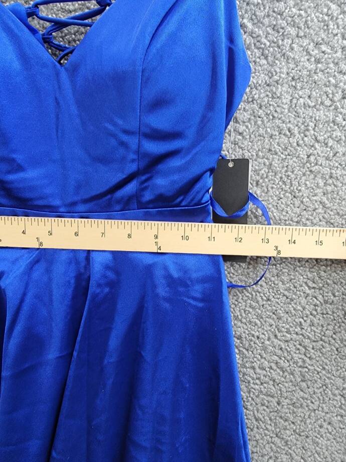 City Studio Satin Fit & Flare Dress Juniors' 5 Cobalt Blue V-Neck Zip Lace Back