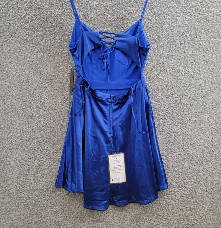 City Studio Satin Fit & Flare Dress Juniors' 5 Cobalt Blue V-Neck Zip Lace Back