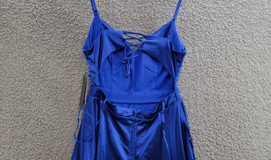 City Studio Satin Fit & Flare Dress Juniors' 5 Cobalt Blue V-Neck Zip Lace Back
