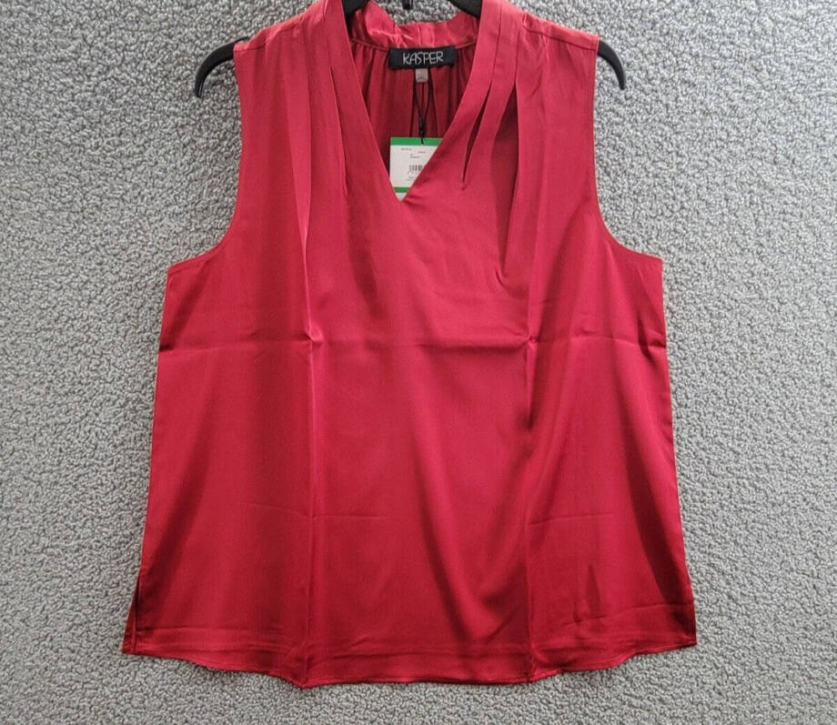 Kasper V-Neck Sleeveless Pleat-Shoulder Top Women's L Crimson Solid Pullover