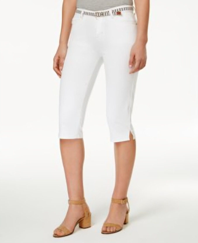 Lee Platinum Skimmer Belted Capri Jeans Women's White Denim Button Zip 12