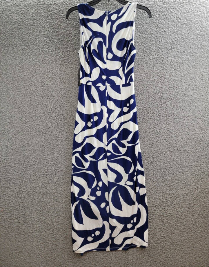 Donna Morgan Printed Wrap-Waist Asymmetric Dress Women's 2 Navy/Soft White