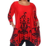 White Mark Plus Size Yanette Tunic Top Women's 2XL Red/Black Printed 3/4 Sleeve
