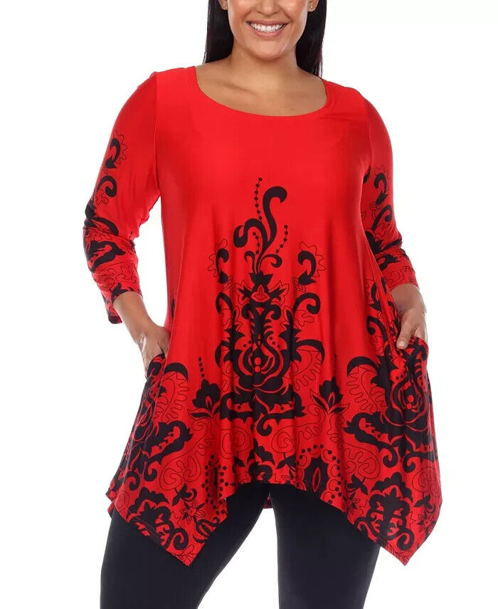 White Mark Plus Size Yanette Tunic Top Women's 2XL Red/Black Printed 3/4 Sleeve