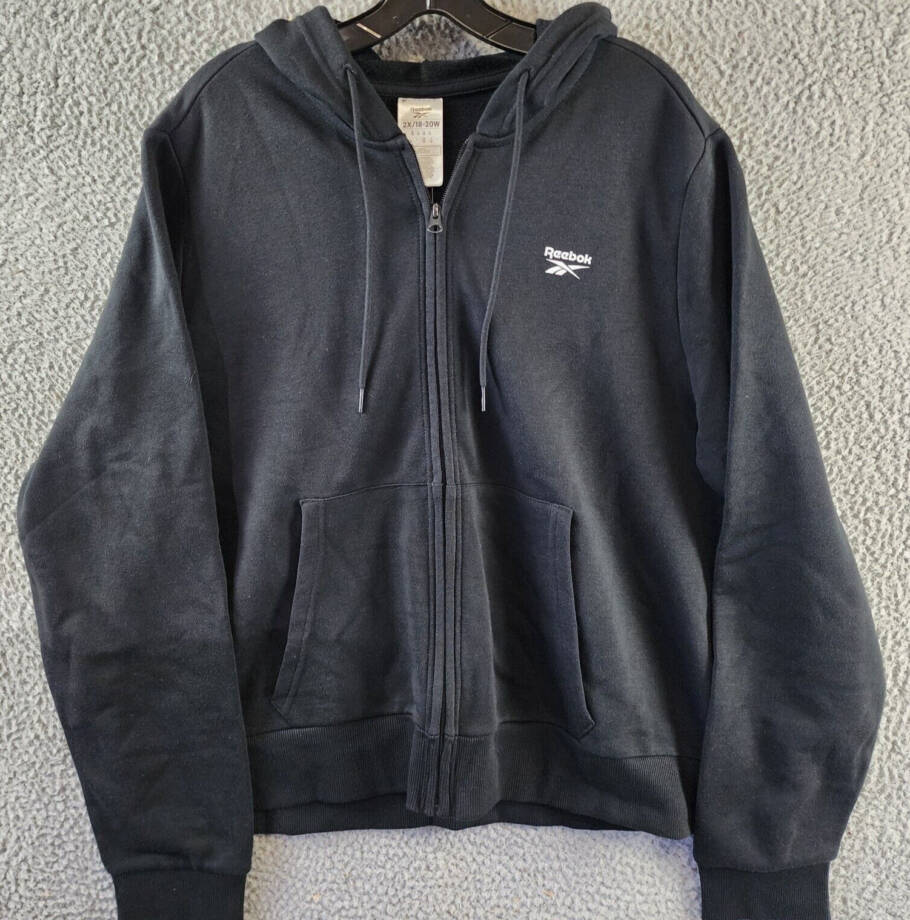 Reebok Plus Size French Terry Zip-Front Hoodie Women's 2X Black Long Sleeves~