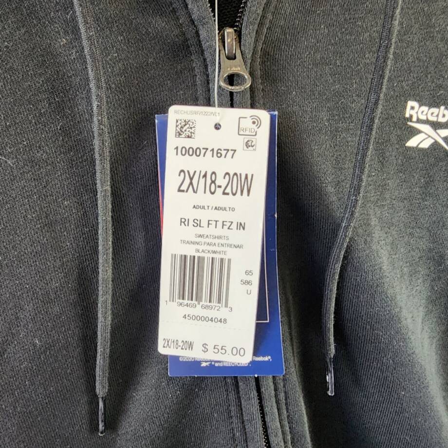 Reebok Plus Size French Terry Zip-Front Hoodie Women's 2X Black Long Sleeves~