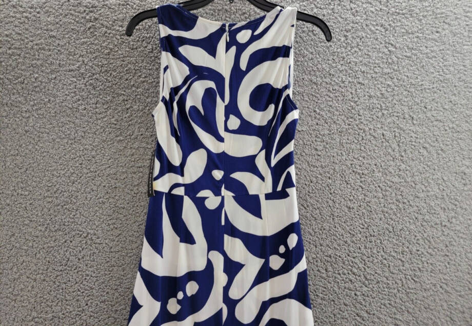 Donna Morgan Printed Wrap-Waist Asymmetric Dress Women's 2 Navy/Soft White