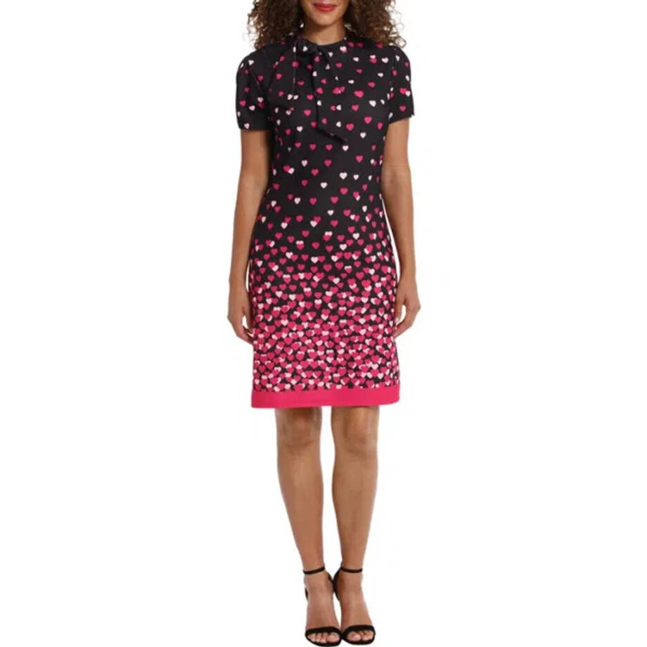 London Times Heart Print Tie Neck Short Sleeve Dress Women's 22W Multi Back Zip