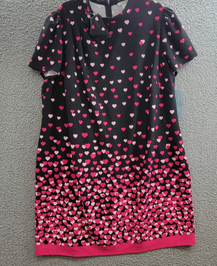 London Times Heart Print Tie Neck Short Sleeve Dress Women's 22W Multi Back Zip
