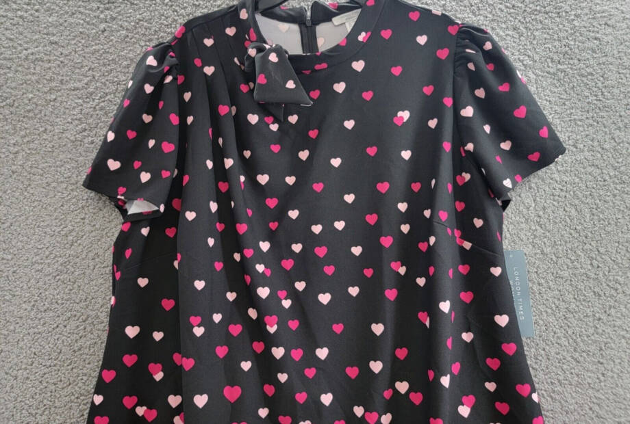 London Times Heart Print Tie Neck Short Sleeve Dress Women's 22W Multi Back Zip