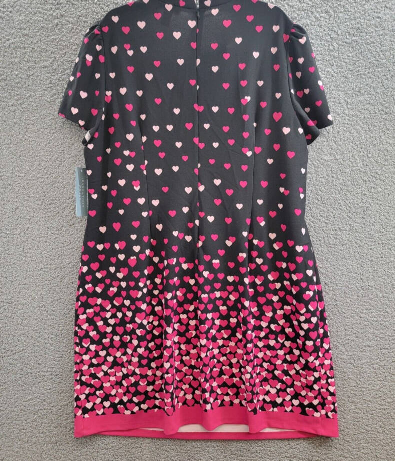 London Times Heart Print Tie Neck Short Sleeve Dress Women's 22W Multi Back Zip