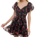 Trixxi Surplice-Neck Tie-Waist Fit & Flare Chiffon Dress Juniors' XXS Black/Red