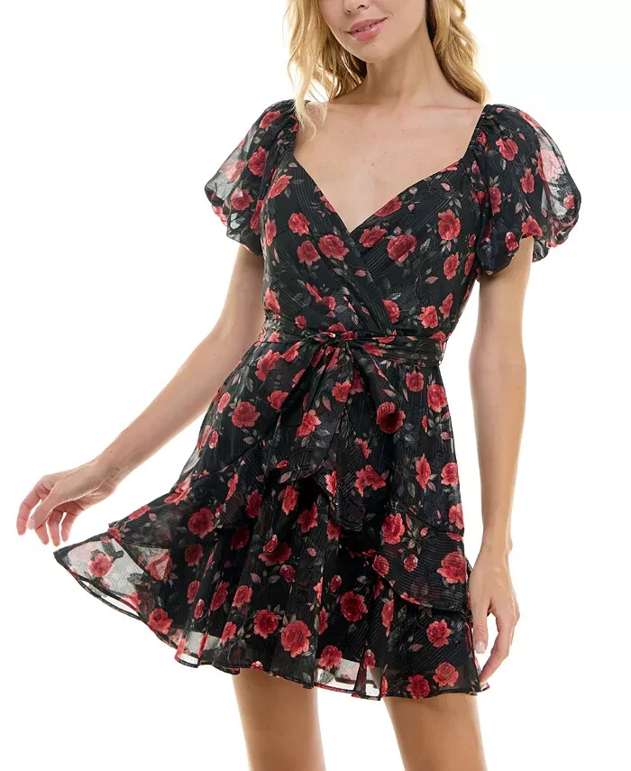 Trixxi Surplice-Neck Tie-Waist Fit & Flare Chiffon Dress Juniors' XXS Black/Red