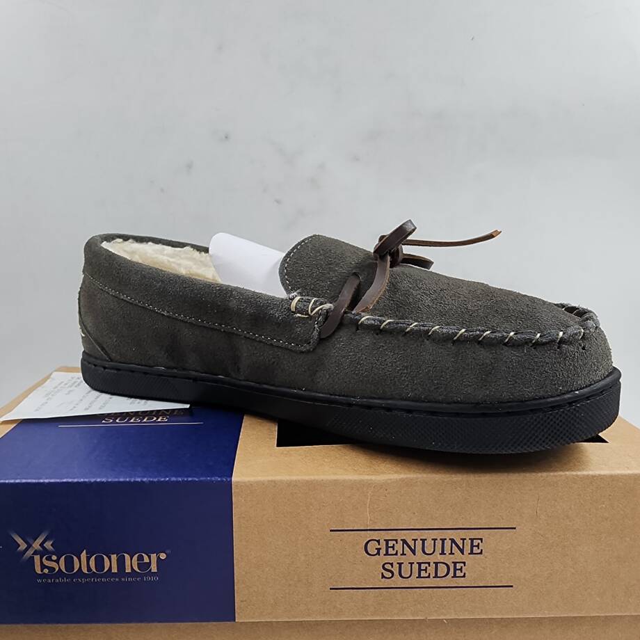 Isotoner Signature Sage Genuine Suede Moccasin Slippers Womens 8.5-9 Ash Slip On