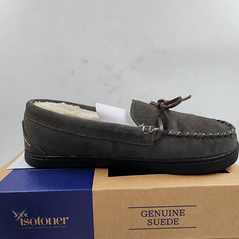 Isotoner Signature Sage Genuine Suede Moccasin Slippers Womens 8.5-9 Ash Slip On