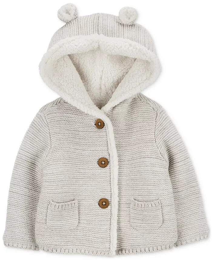 Carter's Faux-Sherpa-Lined Hooded Cardigan Baby Girls' Newborn Gray W/ Pockets