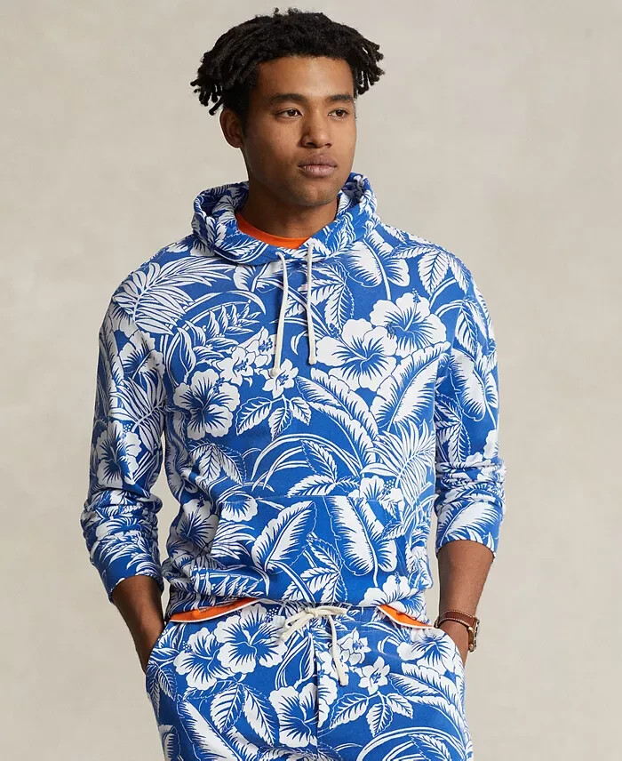 Polo Ralph Lauren Tropical Floral Spa Terry Hoodie Mens XL Blue/White Banded Hem