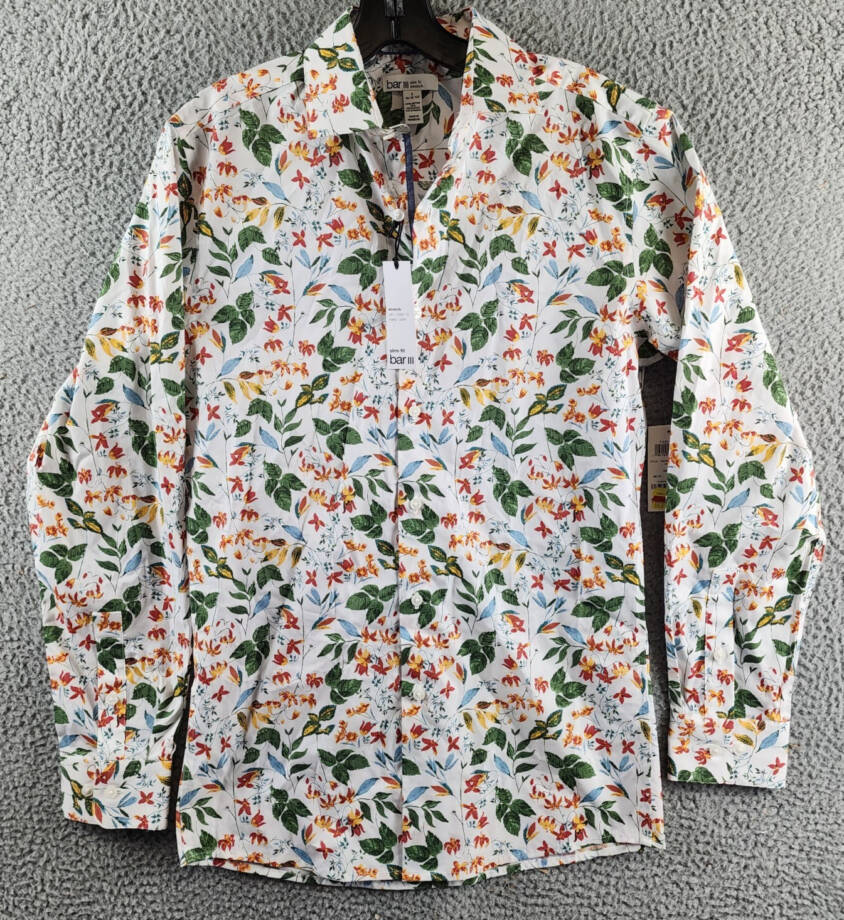 Bar III Slim-Fit Bold Ivy Dress Shirt Mens S (14-14.5) White Multi Spread Collar