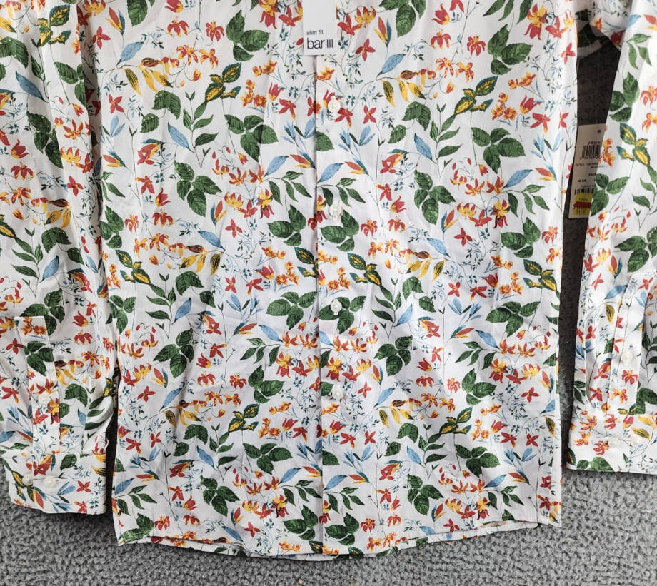 Bar III Slim-Fit Bold Ivy Dress Shirt Mens S (14-14.5) White Multi Spread Collar