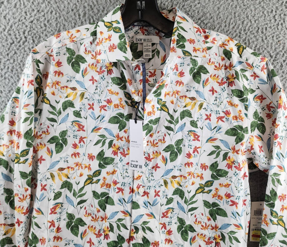 Bar III Slim-Fit Bold Ivy Dress Shirt Mens S (14-14.5) White Multi Spread Collar