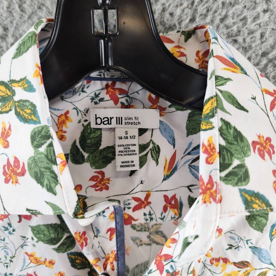 Bar III Slim-Fit Bold Ivy Dress Shirt Mens S (14-14.5) White Multi Spread Collar