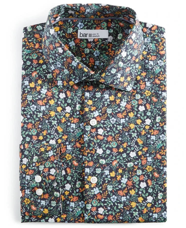 Bar III Slim-Fit Water Floral Dress Shirt Men's S(14-14.5) Navy Multi Stretch