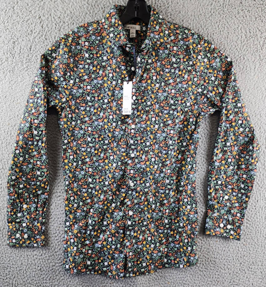 Bar III Slim-Fit Water Floral Dress Shirt Men's S(14-14.5) Navy Multi Stretch