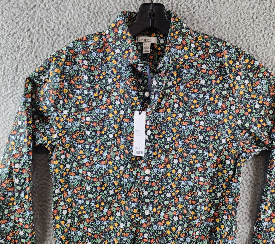 Bar III Slim-Fit Water Floral Dress Shirt Men's S(14-14.5) Navy Multi Stretch