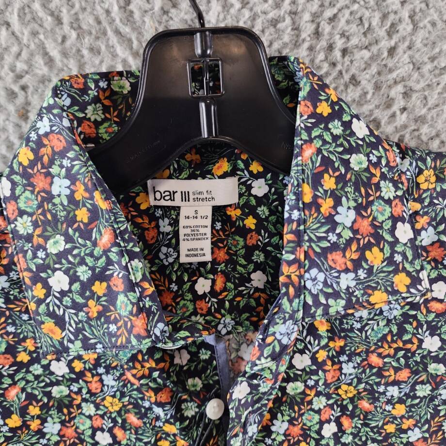 Bar III Slim-Fit Water Floral Dress Shirt Men's S(14-14.5) Navy Multi Stretch